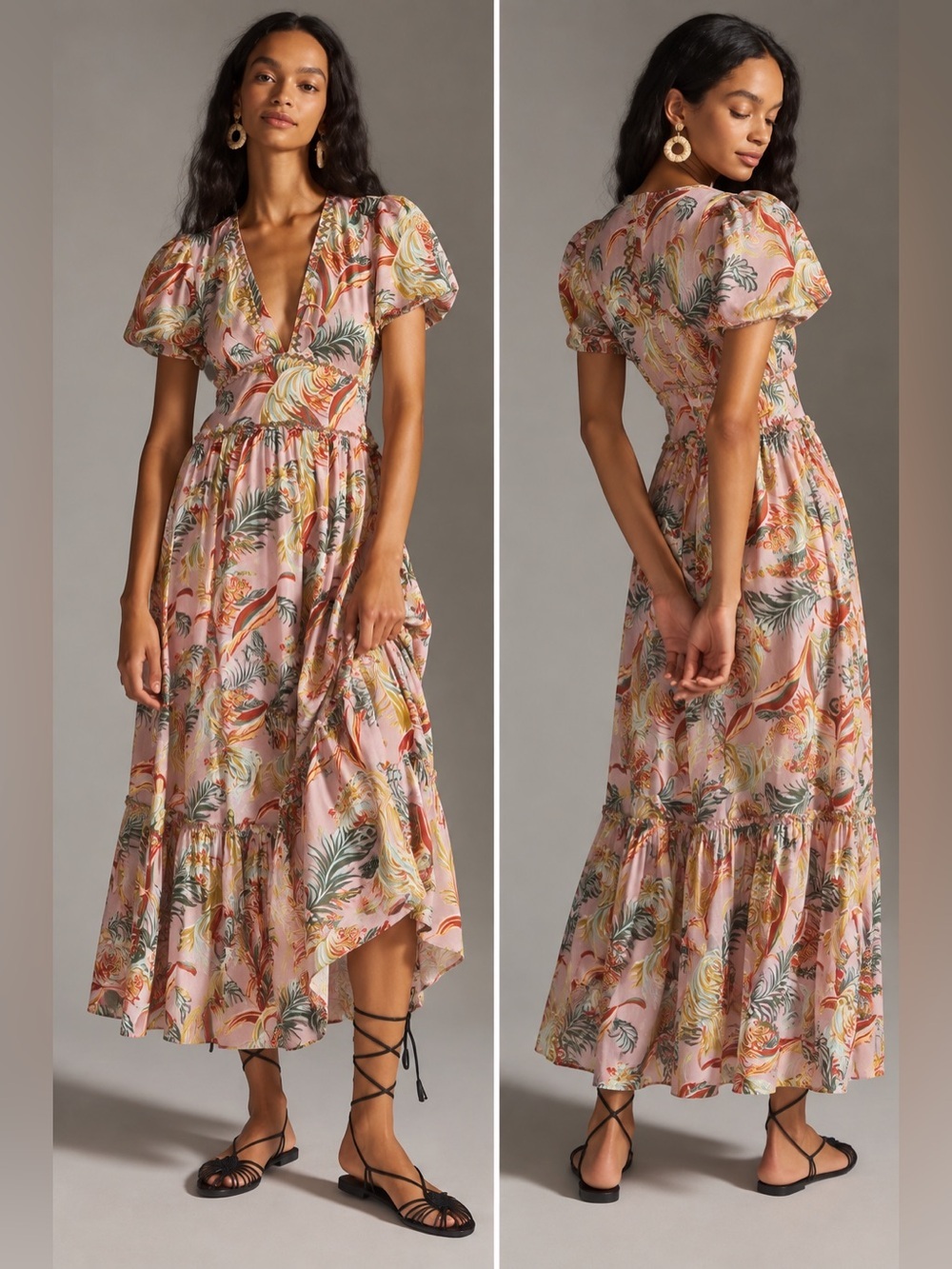 ANTHROPOLOGIE Cottagecore Pastel Pink Floral V-Neck Ruffle Midi Dress Sz6